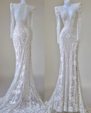 Unique Mermaid V Neckline White Lace Long Sleeves Wedding Dresses Brides Dress HZ1214