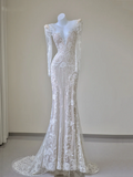 Unique Mermaid V Neckline White Lace Long Sleeves Wedding Dresses Brides Dress HZ1214