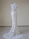 Unique Mermaid V Neckline White Lace Long Sleeves Wedding Dresses Brides Dress HZ1214