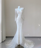 Unique Mermaid V Neckline White Sequin Long Wedding Dresses Brides Dress HZ1214