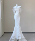 Unique Mermaid Strapless White Lace Long Wedding Dresses Brides Dress HZ1214