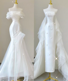 Unique Mermaid Off The Shoulder White Tulle Sweep Train Wedding Dresses Brides Dress HZ1214