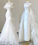 Unique Mermaid Off The Shoulder White Tulle Sweep Train Wedding Dresses Brides Dress HZ1214