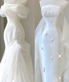 Unique Mermaid Off The Shoulder White Tulle Sweep Train Wedding Dresses Brides Dress HZ1214