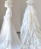Unique Mermaid Off The Shoulder White Tulle Sweep Train Wedding Dresses Brides Dress HZ1214