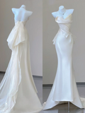 Unique Mermaid Sweetheart Ivory Satin Long Wedding Dresses Brides Dress HZ1214