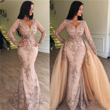 Niulatu Mermaid V-neck Long Sleeves Appliqued Prom Dresses with Detachable Skirt HZ0113
