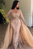 Niulatu Mermaid V-neck Long Sleeves Appliqued Prom Dresses with Detachable Skirt HZ0113
