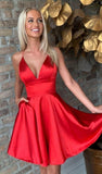 Niulatu V Neck Spaghetti Straps Short A Line Pleated Satin Halter Homecoming Dresses HZ0113
