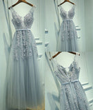 Niulatu Gray A-line Tulle Long Prom Dress V Neck Prom Dresses Lace Evening Dress HZ0113