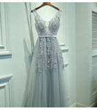 Niulatu Gray A-line Tulle Long Prom Dress V Neck Prom Dresses Lace Evening Dress HZ0113