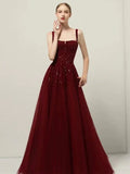Niulatu A line Straps Sequin Burgundy Long Party Dress Prom Dresses SD1503