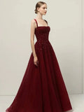 Niulatu A line Straps Sequin Burgundy Long Party Dress Prom Dresses SD1503