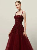 Niulatu A line Straps Sequin Burgundy Long Party Dress Prom Dresses SD1503