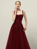 Niulatu A line Straps Sequin Burgundy Long Party Dress Prom Dresses SD1503