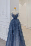 Niulatu A line Spaghetti Straps Grey Blue Floor Length Prom Dresses HZ1110