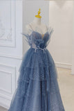 Niulatu A line Spaghetti Straps Grey Blue Floor Length Prom Dresses HZ1110
