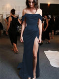 Niulatu A-Line Off The Shoulder Blue Satin Long Prom Dresses Formal Evening Dress SD1391
