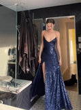 Niulatu Sheath Spaghetti Straps Slit Navy Blue Sequin Prom Dresses Evening Dress HZ1110