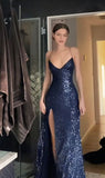 Niulatu Sheath Spaghetti Straps Slit Navy Blue Sequin Prom Dresses Evening Dress HZ1110