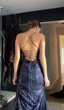 Niulatu Sheath Spaghetti Straps Slit Navy Blue Sequin Prom Dresses Evening Dress HZ1110