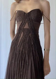 Niulatu Brown A Line Spaghetti Strap Beaded Chiffon Long Prom Dress Party Dress HZ0113