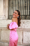 Niulatu Pink Sheath Off the Shoulder Satin Long Prom Dress with Slit HZ0113