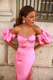 Niulatu Pink Sheath Off the Shoulder Satin Long Prom Dress with Slit HZ0113