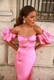 Niulatu Pink Sheath Off the Shoulder Satin Long Prom Dress with Slit HZ0113