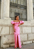 Niulatu Pink Sheath Off the Shoulder Satin Long Prom Dress with Slit HZ0113