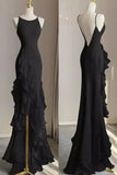 Niulatu Black Mermaid Spaghetti Strap Ruffle Chiffon Open Back Long Prom Dress Party Dress HZ0113