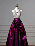 Niulatu Halter Purple Beaded Satin A Line Prom Dress Long Evening Dress HZ1007