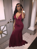Niulatu Burgundy Mermaid Evening Dress with V-neck HZ1007