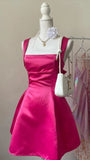 Niulatu A line Square Neckline Hot Pink Satin Short Party Dresses Homecoming Dresses HZ1110