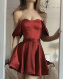 Niulatu A line Off The Shoulder Burgundy Satin Short Party Dresses Homecoming Dresses HZ1110