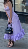 Niulatu A line Spaghetti Straps Lilac Satin Evening Dress Ruffles Prom Dresses HZ1110