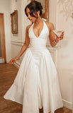 Niulatu A line Halter White Satin Evening Dress Ankle Length Prom Dresses HZ1110