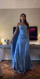 Niulatu A line Strapless Blue Satin Evening Dress Prom Dresses Long Birthday Outfits HZ1110