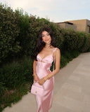 Niulatu Sheath Spaghetti Straps Pink Satin Evening Dress Prom Dresses Long Birthday Outfits HZ1110