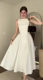 Niulatu A line Scoop Neckline White Satin Evening Dress Ankle Length Prom Dresses HZ1110