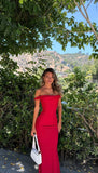 Niulatu Sheath Off The Shoulder Red Satin Evening Dress Prom Dresses Birthday Outfits HZ1110