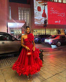 Niulatu Ball Gown One Shoulder Red Tulle Ruffles Evening Dress Prom Dresses HZ1110