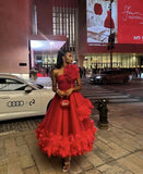 Niulatu Ball Gown One Shoulder Red Tulle Ruffles Evening Dress Prom Dresses HZ1110