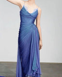 Niulatu A line Spaghetti Straps Blue Chiffon Long Evening Dress Floor Length Prom Dresses HZ1110