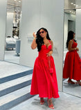Niulatu A line Straps Red Sleeveless Satin Prom Dress Formal Evening Dresses HZ1110