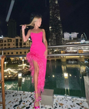 Niulatu Hot Pink Strapless Evening Dress With Feathers HZ1007