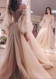 Niulatu prom dresses long sleeve a line tulle off the shoulder crystal evening dresses HZ0113