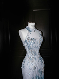 Niulatu Blue Tulle Sequins Appliques Mermaid Evening Dress Long Prom Dress HZ1007