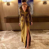 Niulatu V-Neck Long Sleeve Split Velvet Prom Dress HZ0113