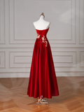 Niulatu Red Satin Sequin Embroidery A Line Prom Dress Strapless Evening Dress HZ1007